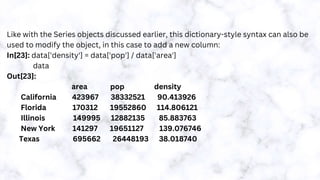 Like with the Series objects discussed earlier, this dictionary-style syntax can also be
used to modify the object, in this case to add a new column:
In[23]: data['density'] = data['pop'] / data['area']
data
Out[23]:
area pop density
California 423967 38332521 90.413926
Florida 170312 19552860 114.806121
Illinois 149995 12882135 85.883763
New York 141297 19651127 139.076746
Texas 695662 26448193 38.018740
 