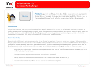Posicionamiento SEO
                      Cambios con Panda y Penguin



                                                       PENGUIN apareció en Mayo, Junio del 2012 y hace referencia a una serie
                                PENGUIN                de cambios en los algoritmos que penalizan algunas de las técnicas que se
                                                       han estado utilizando hasta la fecha para mejorar el Seo de una web.



    Nuevo enfoque:

    Google está cambiando , está evolucionando siempre con el objetivo de mostrar a los usuarios los resultado más relevantes. El objetivo de
    Google siempre ha sido medir y valorar esa relevancia. Antes, uno de los elementos determinantes para definir la relevancia de una página era
    la cantidad de enlaces que tenía (link building), ahora Google calcula la relevancia, gracias a la nueva tecnología semántica, a través de la
    relevancia de sus contenidos (que otorga el usuario gracias a su interacción, entre otras cosas)

    Acciones Penalizadas:

    Desde Junio de 2012, Google ha empezado a penalizar ciertas técnicas Seo que hasta el momento servían para mejorar el SEO de una página.
    Google siempre está intentando combatir la artificialidad en la mejora del Posicionamiento gracias a acciones predeterminadas de las empresas
    (como el link building). A medida que Google, gracias a la tecnología, encuentra nuevos elementos para valorar la relevancia de una web, va
    penalizando acciones que pueden entenderse fácilmente que son artificiales. Actualmente Google ya penaliza en diferentes grados:

               • Anchor text poco diversificados: El uso de las mismas palabras clave en el texto de muchos enlaces entrantes indica que éstos no se
                 han formado de una forma natural.

               • Enlaces procedentes de sitios de intercambio de enlaces (enlace recíprocos)

               • Links en páginas con contenido poco relacionado con el de la nuestra (links en pies de página etc…).

               • Enlaces en comentarios de blogs/foros con poca relación con la temática de la página.


marketing online                                                                                                                    Tu web es negocio
 