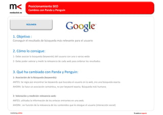 Posicionamiento SEO
                    Cambios con Panda y Penguin



                   RESUMEN




   1. Objetivo :
   Conseguir el resultado de búsqueda más relevante para el usuario


   2. Cómo lo consigue:
   1- Debe asociar la búsqueda (keywords) del usuario con una o varias webs
   2- Debe poder valorar y medir la relevancia de cada web para ordenar los resultados



   3. Qué ha cambiado con Panda y Penguin:
   1- Asociación de la Búsqueda (keywords):
   ANTES: Se regia por encontrar las keywords que buscaba el usuario en la web, era una búsqueda exacta.
   AHORA: Se hace un asociación semántica, no por keyword exacta. Búsqueda más humana.


   2- Valoración y medición relevancia web:
   ANTES: utilizaba la información de los enlaces entrantes en una web.
   AHORA : en función de la relevancia de los contenidos que le otorgue el usuario (interacción social)


marketing online                                                                                           Tu web es negocio
 