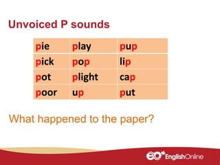 Unvoiced P sounds
pie play pup
pick pop lip
pot plight cap
poor up put
What happened to the paper?
 