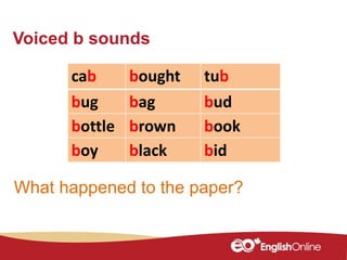 Voiced b sounds
cab bought tub
bug bag bud
bottle brown book
boy black bid
What happened to the paper?
 
