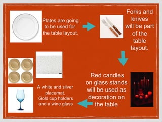 Plates are going
to be used for
the table layout.
Forks and
knives
will be part
of the
table
layout.
Red candles
on glass stands
will be used as
decoration on
the table
A white and silver
placemat.
Gold cup holders
and a wine glass
 