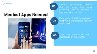 Medical
06
Medical Apps Needed
01
Connect hospitals with companies
that will match their needs
(laboratory services, imaging or
pharmaceutical products)
01
03
02
Turn your smartphone into a
stethoscope or ECG monitor
Share images (radiology, pathology)
with peers in difficult cases; AI driven
images bank
 
