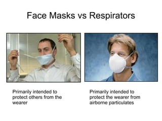 Face Masks vs Respirators Primarily intended to protect others from the wearer  Primarily intended to protect the wearer from airborne particulates 