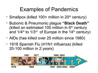 Examples of Pandemics Smallpox (killed 100+ million in 20 th  century) Bubonic & Pneumonic plague  “Black Death”  (killed an estimated 100 million in 6 th  century and 1/4 th  to 1/3 rd   of Europe in the 14 th  century) AIDs (has killed over 25 million since 1980) 1918 Spanish Flu (H1N1 influenza) (killed 20-100 million in 2 years) 
