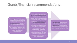 Grants/financial recommendations
The total grants-in-aid support
to the health sector over the
award period works out to be
RS. 1,06,606 crore, which is
10.3 per cent of the total
grants-in-aid recommended by
us. This forms about 0.1 per
cent of GDP. The grants for the
health sector will be
unconditional.
Health grants aggregating to
RS. 70,051 crore through LBs
for HWCS, building-less sub
centre, PHCs, CHCs, block level
public health units, support for
diagnostic infrastructure for
the primary healthcare
activities and conversion of
rural sub centres and phcs to
hwcs. These grants will be
released to the local
governments. Given the
importance of health grants to
fight the pandemic, we have
not put any conditions for
release of these grants to the
local governments
Rs. 469 crore for states for
building public health
laboratories. The remaining
share may come from the union
government as part of PM-ASBY.
25
 