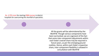 Rs. 2,725 crore for starting DNB courses in district
hospitals for overcoming the shortfall of specialists.
All the grants will be administered by the
MoHFW. Though various components have
been earmarked, we are cognizant of the fact
that some inter-component adjustments within
each State's overall share may be required in
future years, as per the emerging ground
realities. Hence, within each State's respective
share, inter-component flexibility is allowed in
consultation with MoHFW
27
 