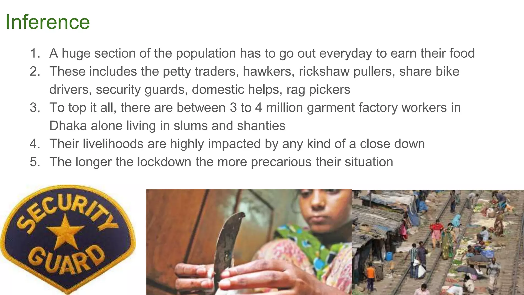 Inference
1. A huge section of the population has to go out everyday to earn their food
2. These includes the petty traders, hawkers, rickshaw pullers, share bike
drivers, security guards, domestic helps, rag pickers
3. To top it all, there are between 3 to 4 million garment factory workers in
Dhaka alone living in slums and shanties
4. Their livelihoods are highly impacted by any kind of a close down
5. The longer the lockdown the more precarious their situation
 