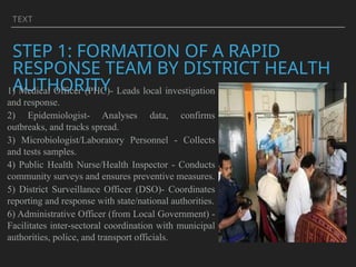 TEXT
STEP 1: FORMATION OF A RAPID
RESPONSE TEAM BY DISTRICT HEALTH
AUTHORITY
1) Medical Officer (PHC)- Leads local investigation
and response.
2) Epidemiologist- Analyses data, confirms
outbreaks, and tracks spread.
3) Microbiologist/Laboratory Personnel - Collects
and tests samples.
4) Public Health Nurse/Health Inspector - Conducts
community surveys and ensures preventive measures.
5) District Surveillance Officer (DSO)- Coordinates
reporting and response with state/national authorities.
6) Administrative Officer (from Local Government) -
Facilitates inter-sectoral coordination with municipal
authorities, police, and transport officials.
 