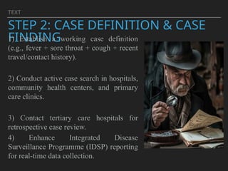 TEXT
STEP 2: CASE DEFINITION & CASE
FINDING
1) Establish a working case definition
(e.g., fever + sore throat + cough + recent
travel/contact history).
2) Conduct active case search in hospitals,
community health centers, and primary
care clinics.
3) Contact tertiary care hospitals for
retrospective case review.
4) Enhance Integrated Disease
Surveillance Programme (IDSP) reporting
for real-time data collection.
 