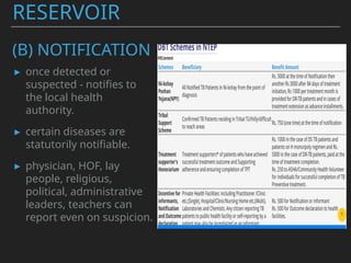 RESERVOIR
(B) NOTIFICATION
▸ once detected or
suspected - notifies to
the local health
authority.
▸ certain diseases are
statutorily notifiable.
▸ physician, HOF, lay
people, religious,
political, administrative
leaders, teachers can
report even on suspicion.
 