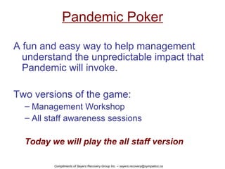 Pandemic Poker ,[object Object],[object Object],[object Object],[object Object],[object Object],Compliments of Sayers Recovery Group Inc. – sayers.recovery@sympatico.ca 