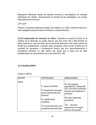 Manejando diferentes clases de factores humanos y tecnológicos se manejan
estándares de calidad aprovechando el manejó de las estrategias y el manejo
adecuado de los recursos.

¿Por qué?

Porque, la empresa pretende manejar una calidad y un valor nutricional esto es n
valor agregado proporcionando innovación y emprendimiento.



3.2.2.2 potenciales de mercado en cifras. Teniendo en cuenta lo dicho en el
análisis de la demanda se puede deducir que hay entre 720 y 800 familias en
estos sectores lo cual nos dicen que la demanda está entre 720 y 800 madres de
familia que posiblemente a quieran estos productos. Este número dividido por la
cantidad de panadería o competencia directa que son aproximadamente 8
panaderías ubicadas en este sector nos arroja que a cada una de ellas
posiblemente sus compradores van a ser entre 90 y 100.




3.2.3 Análisis DOFA.



(Tabla 5. DOFA)

MATRIZ                     FORTALEZAS                 DEBIILIDADES

DOFA
                                                      D1: Se necesita
                           f1: apoyo de padres        capacitación y desarrollo.
                                                      D2: no se tiene suficiente
                           f2: maquinaria necesaria   espacio para elaborar el
                           para la elaboración del    producto.
                           producto.
                                                      D3: baja capacidad
                           f3: capital inicial        productiva
                           requerido.
                                                       D3. . No tiene
                           F4: la empresa tiene una
                                                      experiencia ni imagen
                           excelente ubicación para
                                                      local en el mercado


                                         44
 