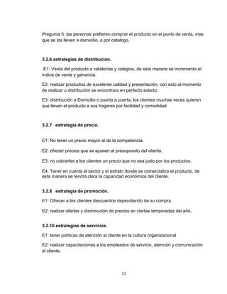 Pregunta 5: las personas prefieren comprar el producto en el punto de venta, mas
que se los lleven a domicilio, o por catalogo.



3.2.6 estrategias de distribución.

 E1: Venta del producto a cafeterías y colegios, de esta manera se incrementa el
índice de venta y ganancia.

E2: realizar productos de excelente calidad y presentación, con esto al momento
de realizar u distribución se encontrara en perfecto estado.

E3: distribución a Domicilio o puerta a puerta, los clientes muchas veces quieren
que lleven el producto a sus hogares por facilidad y comodidad.



3.2.7 estrategia de precio.


E1: No tener un precio mayor al de la competencia.

E2: ofrecer precios que se ajusten al presupuesto del cliente.

E3: no cobrarles a los clientes un precio que no sea justo por los productos.

E4: Tener en cuenta el sector y el estrato donde se comercializa el producto, de
esta manera se tendrá clara la capacidad económica del cliente.


3.2.8 estrategia de promoción.

E1: Ofrecer a los clientes descuentos dependiendo de su compra

E2: realizar ofertas y disminución de precios en ciertas temporadas del año,


3.2.10 estrategias de servicios.

E1: tener políticas de atención al cliente en la cultura organizacional

E2: realizar capacitaciones a los empleados de servicio, atención y comunicación
al cliente.




                                          51
 