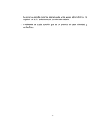    La empresa denota eficiencia operativa alta y los gastos administrativos no
    superan un 30 %, en los cambios porcentuales del año.

   Finalmente se puede concluir que es un proyecto de gran viabilidad y
    rentabilidad.




                                     78
 