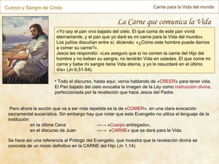 Cuerpo y Sangre de Cristo Carne para la Vida del mundo La Carne que comunica la Vida Todo el discurso, hasta aquí, venía hablando de « CREER » para tener vida. El Pan bajado del cielo evocaba la imagen de la Ley como  instrucción divina , perfeccionada por la revelación que hace Jesús del Padre. « Yo soy el pan vivo bajado del cielo. El que coma de este pan vivirá eternamente, y el pan que yo daré es mi carne para la Vida del mundo».  Los judíos discutían entre sí, diciendo: «¿Cómo este hombre puede darnos a comer su carne?».  Jesús les respondió: «Les aseguro que si no comen la carne del Hijo del hombre y no beben su sangre, no tendrán Vida en ustedes. El que come mi carne y bebe mi sangre tiene Vida eterna, y yo lo resucitaré en el último día» (Jn 6,51-54). Pero ahora la acción que va a ser más repetida es la de « COMER », en una clara evocación sacramental eucarística. Sin embargo hay que notar que este Evangelio no utiliza el lenguaje de la institución: en la última Cena  ----> « Cuerpo  entregado», en el discurso de Juan  ---->  « CARNE » que se dará para la Vida. Se hace así una referencia al Prólogo del Evangelio, que muestra que la revelación divina se concreta de un modo definitivo en la CARNE del Hijo (Jn 1,14). 
