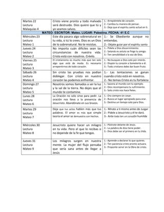 Martes 22
Lectura
Malaquías 4
Cristo viene pronto y todo malvado
será destruido. Dios quiere que tú y
yo seamos salvos.
1.- Arrepiéntete de corazón.
2.- Cambia tu manera de pensar.
3.- Deja que el espíritu santo actué en ti.
MATEO: ESCRITOR: Mateo. LUGAR: Palestina. FECHA: 41 E.C
Miércoles 23
Lectura
Mateo 1
Este día pasara algo sobrenatural en
tu vida, si tú lo crees. Dios es un Dios
de lo sobrenatural. No te resistas.
1.- Se Obediente aunque no
entiendas.
2.- Déjate guiar por el espíritu santo
Jueves 24
Lectura
Mateo 2
No importa cuán difíciles sean las
circunstancias de nuestra vida.
Cristo está con nosotros. Créelo.
1.- Pídele a Dios discernimiento.
2.- Satanás es astuto se finge tu amigo.
3.- Ten sensibilidad a la voz de Dios.
Viernes 25
Lectura
Mateo 3
El cristianismo es mucho más que tan solo
algo que está de moda. Es necesario
arrepentirnos de todo corazón.
1.- No busques a Dios solo por interés.
2.- Dispón tu corazón a Someterte e él.
3.- Todo cristiano debe dar buen fruto.
Sábado 26
Lectura
Mateo 4
Sin cristo las pruebas nos podían
doblegar. Con cristo en nuestro
corazón las podemos enfrentar.
1.- Las tentaciones se ganan
cuando cristo está en nosotros.
2.- No temas Cristo es tu fortaleza
Domingo 27
Lectura
Mateo 5
Nosotros somos llamados a ser la luz
y la sal de la tierra. No dejes que el
mundo te contamine.
1.- Sazona al mundo con tu ejemplo.
2.- Dios recompensara tu sufrimiento.
3.- Solo cristo nos hace fieles.
Lunes 28
Lectura
Mateo 6
La Oración no solo sirve para pedir. La
oración nos lleva a la presencia de
Jesucristo. Abandónate en sus brazos.
1.- Ora siempre sin cesar.
2.- Busca un lugar apropiado para orar.
3.- Destina un tiempo solo para Dios.
Martes 29
Lectura
Mateo 7
Deja que tus actos hablen más que tus
palabras. El amor es más que simple
teoría el amor se demuestra con hechos.
1.- Mírate a ti mismo antes de Juzgar
2.- Pídele a Jesucristo y él te dará.
3.- Ante todo ten un corazón humilde
Miércoles 30
Lectura
Mateo 8
Jesucristo quiere hacer un milagro
en tu vida. Pero el que lo recibas o
no depende de la fe que tengas.
1.- Póstrate delante de Jesús.
2.- La palabra de dios tiene poder.
3.- Dios debe ser el primero en tu Vida.
Jueves 31
Lectura
Mateo 9
Los milagros surgen en nuestra
mente. La mujer del flujo pensaba
que sería sana antes de llegar a
Jesús
1.- Aprende a declarar lo que quieres.
2.- Ten paciencia cristo pronto actuara.
3.- Proponte servir en la Obra de cristo.
 