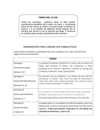 INGREDIENTES PARA LOGRAR UNA FAMILIA FELIZ
Cada semana encontraras un ingrediente para que lo apliques en tu vida y de esta forma
llegues a tener una familia feliz
ENERO
Domingo 4
Semana de la pareja
Génesis 2: 24
La pareja al casarse conforma un nuevo nido de amor no
dejes que terceros lo dañen. No involucres a otras
personas en tu relación. Aprende a resolver en pareja los
conflictos conforme vayan apareciendo.
Domingo 11
Semana del Romanticismos
Romanos 12: 10
No permitan que los problemas y los afanes de esta vida les
endurezcan el corazón. Que nunca se acabe el romanticismo.
"Ante todo, tened entre vosotros ferviente amor; porque el amor
cubrirá multitud de pecados" (1 Pedro 4:8).
Domingo 18
Semana de la Confianza
Jeremías 17: 7
En una relación es esencial poder sentir que si estás al borde del
precipicio, habrá alguien que te sostendrá y no te dejará caer
Pero sobre todo confía en nuestro señor Jesucristo, el no nunca falla
Domingo 25
Semana del Amor
1 Pedro 4: 8
La palabra Amor, es una palabra muy difícil de explicar, pero muy
fácil de sentir, el amor es uno de los tantos dones que Dios nos ha
regalado. El decir que amamos a Dios pero no a los demás nos
convierte en mentirosos. 1 Juan 4: 20
TIEMPO DEL ALTAR:
Todos los domingos podemos hacer el altar familiar
reuniéndonos alrededor de la mesa o la cama, y tomándose
todos de las manos, la madre o el padre dirige un tiempo de
oración y si es posible de alabanza dando gracias por la
semana que termino y por la semana que llaga. Y ponemos
en práctica cada consejo (ingrediente) de la semana.
 