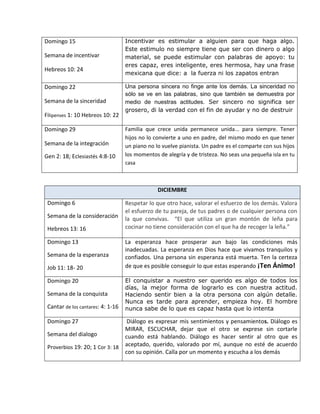 Domingo 15
Semana de incentivar
Hebreos 10: 24
Incentivar es estimular a alguien para que haga algo.
Este estimulo no siempre tiene que ser con dinero o algo
material, se puede estimular con palabras de apoyo: tu
eres capaz, eres inteligente, eres hermosa, hay una frase
mexicana que dice: a la fuerza ni los zapatos entran
Domingo 22
Semana de la sinceridad
Filipenses 1: 10 Hebreos 10: 22
Una persona sincera no finge ante los demás. La sinceridad no
sólo se ve en las palabras, sino que también se demuestra por
medio de nuestras actitudes. Ser sincero no significa ser
grosero, di la verdad con el fin de ayudar y no de destruir
Domingo 29
Semana de la integración
Gen 2: 18; Eclesiastés 4:8-10
Familia que crece unida permanece unida... para siempre. Tener
hijos no lo convierte a uno en padre, del mismo modo en que tener
un piano no lo vuelve pianista. Un padre es el comparte con sus hijos
los momentos de alegría y de tristeza. No seas una pequeña isla en tu
casa
DICIEMBRE
Domingo 6
Semana de la consideración
Hebreos 13: 16
Respetar lo que otro hace, valorar el esfuerzo de los demás. Valora
el esfuerzo de tu pareja, de tus padres o de cualquier persona con
la que convivas. “El que utiliza un gran montón de leña para
cocinar no tiene consideración con el que ha de recoger la leña.”
Domingo 13
Semana de la esperanza
Job 11: 18- 20
La esperanza hace prosperar aun bajo las condiciones más
inadecuadas. La esperanza en Dios hace que vivamos tranquilos y
confiados. Una persona sin esperanza está muerta. Ten la certeza
de que es posible conseguir lo que estas esperando ¡Ten Ánimo!
Domingo 20
Semana de la conquista
Cantar de los cantares: 4: 1-16
El conquistar a nuestro ser querido es algo de todos los
días, la mejor forma de lograrlo es con nuestra actitud.
Haciendo sentir bien a la otra persona con algún detalle.
Nunca es tarde para aprender, empieza hoy. El hombre
nunca sabe de lo que es capaz hasta que lo intenta
Domingo 27
Semana del dialogo
Proverbios 19: 20; 1 Cor 3: 18
Diálogo es expresar mis sentimientos y pensamientos. Diálogo es
MIRAR, ESCUCHAR, dejar que el otro se exprese sin cortarle
cuando está hablando. Diálogo es hacer sentir al otro que es
aceptado, querido, valorado por mí, aunque no esté de acuerdo
con su opinión. Calla por un momento y escucha a los demás
 