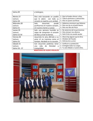 MINISTERIO DE AUDIO VISUALES
Salmo 49 y total gozo.
Martes 27
Lectura
Salmo 50
Dios está buscando un pueblo
que lo adore con todo su
corazón en espíritu y en verdad.
1.- Que le Puedes ofrecer a Dios
2.- Todo le pertenece a Jehová Dios
3.- Dios no quiere sacrificios
Miércoles 28
Lectura
Salmo 51
Solo Jesucristo puede
purificarnos en nuestro corazón,
en nuestra mente y cuerpo
1.- Debemos reconocer que fallamos
2.- Dios nos da un corazón Nuevo
3.- Dios nos libra de Pecar
Jueves 29
Lectura
Salmo 52-54
Solo una persona humilde es
capaz de conquistar el corazón
de Dios y el de los demás.
1.- No Jactarnos de lo que tenemos
2.- Dios siempre nos observa
3.- Solo Cristo nos puede ayudar
Viernes 30
Lectura
Salmo 55
Jesucristo te ama aférrate a su
amor él no traiciona como el
hombre. Recíbelo en tu corazón.
1.- Ahora hay alguien que te Ama
2.- Olvídate del Pasado
3.- Disfruta de su amor
Sábado 31
Lectura
Salmo 56 - 57
Con Jesucristo podemos tener
una vida de felicidad y
tranquilidad.
1.- Confía en su protección.
2.- Entrégale todas tus cargas.
3.- Tu solo Alábale a nuestro Dios.
 