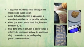 ● Y seguimos mezclando hasta conseguir una
masa que se pueda estirar.
● Antes de finalizar la masa le agregamos la
esencia de vainilla (una cucharadita) y el anis.
● Ahora que tenemos esta masa lista, haremos
bolitas de 50 gr.
● Para darle forma al pan, con el palote vamos a
estirarlo del medio para arriba y del medio para
abajo, para darle una forma alargada y
posteriormente enrollarlo.
 