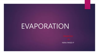 EVAPORATION
PRESENTED
BY
NIRAI PANDI P
 