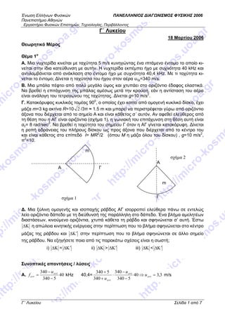 Ένωση Ελλήνων Φυσικών ΠΑΝΕΛΛΗΝΙΟΣ ΔΙΑΓΩΝΙΣΜΟΣ ΦΥΣΙΚΗΣ 2006
Πανεπιστήμιο Αθηνών
Εργαστήριο Φυσικών Επιστημών, Τεχνολογίας, Περιβάλλοντος
Γ΄ Λυκείου
18 Μαρτίου 2006
Θεωρητικό Μέρος
Θέμα 1ο
Α. Μια νυχτερίδα κινείται με ταχύτητα 5 m/s κυνηγώντας ένα ιπτάμενο έντομο το οποίο κι-
νείται στην ίδια κατεύθυνση με αυτήν. Η νυχτερίδα εκπέμπει ήχο με συχνότητα 40 kHz και
αντιλαμβάνεται από ανάκλαση στο έντομο ήχο με συχνότητα 40,4 kΗz. Με τι ταχύτητα κι-
νείται το έντομο; Δίνεται η ταχύτητα του ήχου στον αέρα υηχ=340 m/s.
B. Μια μπάλα πέφτει από πολύ μεγάλο ύψος και χτυπάει στο οριζόντιο έδαφος ελαστικά.
Να βρεθεί η επιτάχυνση της μπάλας αμέσως μετά την κρούση, εάν η αντίσταση του αέρα
είναι ανάλογη του τετραγώνου της ταχύτητας. Δίνεται g=10 m/s2
.
Γ. Κατακόρυφος κυκλικός τομέας 900
, ο οποίος έχει κοπεί από ομογενή κυκλικό δίσκο, έχει
μάζα m=3 kg ακτίνα R=10 2 /3π ≈ 1.5 m και μπορεί να περιστρέφεται γύρω από οριζόντιο
άξονα που διέρχεται από το σημείο Α και είναι κάθετος σ΄ αυτόν. Αν αφεθεί ελεύθερος από
τη θέση που η ΑΓ είναι οριζόντια (σχήμα 1), η γωνιακή του επιτάχυνση στη θέση αυτή είναι
αγ= 8 rad/sec2
. Να βρεθεί η ταχύτητα του σημείου Γ όταν η ΑΓ γίνεται κατακόρυφη. Δίνεται
η ροπή αδράνειας του πλήρους δίσκου ως προς άξονα που διέρχεται από το κέντρο του
και είναι κάθετος στο επίπεδό Ι= MR2
/2 (όπου Μ η μάζα όλου του δίσκου) , g=10 m/s2
,
π2
=10.
Γ΄ Λυκείου Σελίδα 1 από 7
ΓΑ
m
Γ
Α
m
σχήμα 1
σχήμα 2
Δ. Μια ξύλινη ομογενής και ισοπαχής ράβδος ΑΓ ισορροπεί ελεύθερα πάνω σε εντελώς
λείο οριζόντιο δάπεδο με τη διεύθυνσή της παράλληλη στο δάπεδο. Ένα βλήμα αμελητέων
διαστάσεων, κινούμενο οριζόντια, χτυπά κάθετα τη ράβδο και σφηνώνεται σ’ αυτή. Έστω
ΔΚ η απώλεια κινητικής ενέργειας στην περίπτωση που το βλήμα σφηνώνεται στο κέντρο
μάζας της ράβδου και Κ′Δ στην περίπτωση που το βλήμα σφηνώνεται σε άλλο σημείο
της ράβδου. Να εξηγήσετε ποια από τις παρακάτω σχέσεις είναι η σωστή;
i) ΔΚ = Κ′Δ ii) ΔΚ > Κ′Δ iii) ΔΚ < Κ′Δ
Συνοπτικές απαντήσεις / λύσεις
A. 40
5340
340
−
−
= εντ
εντ
u
f kHz 40,4= 3,340
5340
340
340
5340
=⇒
−
−
⋅
+
+
εντ
εντ
εντ
u
u
u
m/s
 