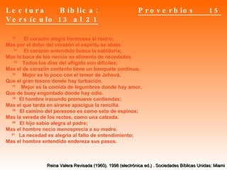 Lectura Bíblica:  Proverbios 15 Versículo 13 al 21        13       El corazón alegre hermosea el rostro; Mas por el dolor del corazón el espíritu se abate.         14      El corazón entendido busca la sabiduría; Mas la boca de los necios se alimenta de necedades.         15     Todos los días del afligido son difíciles; Mas el de corazón contento tiene un banquete continuo.        16      Mejor es lo poco con el temor de Jehová, Que el gran tesoro donde hay turbación.        17     Mejor es la comida de legumbres donde hay amor, Que de buey engordado donde hay odio.        18   El hombre iracundo promueve contiendas; Mas el que tarda en airarse apacigua la rencilla.        19    El camino del perezoso es como seto de espinos; Mas la vereda de los rectos, como una calzada.        20    El hijo sabio alegra al padre; Mas el hombre necio menosprecia a su madre.       21    La necedad es alegría al falto de entendimiento; Mas el hombre entendido endereza sus pasos. Reina Valera Revisada (1960). 1998 (electrónica ed.) . Sociedades Bíblicas Unidas: Miami 