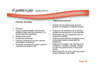 Page 16
Ni guerra ni pazNi guerra ni pazNi guerra ni pazNi guerra ni paz ((((DowdneyDowdneyDowdneyDowdney 2005: 87)2005: 87)2005: 87)2005: 87)
Factores de riesgo
Pobreza
Falta de oportunidades económicas
debido al bajo nivel de educación y a
la alta tasa de desempleo
Marginación social
Problemas familiares
Falta de infraestructura para realizar
actividades recreativas
Violencia causada por grupos rivales o
miembros de mayor nivel
Influencias externas
Presión de los padres para que los
jóvenes contribuyan al ingreso familiar
Presencia de miembros de la familia o
amigos que pertenecen a una pandilla
Admiración de los compañeros por la
cultura de pandilla
Violencia culturalmente arraigada como
instrumento para la resolución de
problemas
Falta de un modelo o de otra figura de
confianza —profesor, familiar, amigo—
a quien se pueda acudir en busca de
ayuda
Desmotivación, en gran parte por pasar
mucho tiempo en las calles
 