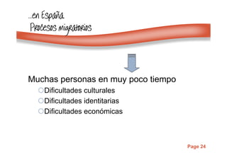 Page 24
…………enenenen EspaEspaEspaEspaññññaaaa
Procesos migratoriosProcesos migratoriosProcesos migratoriosProcesos migratorios
Muchas personas en muy poco tiempo
Dificultades culturales
Dificultades identitarias
Dificultades económicas
 