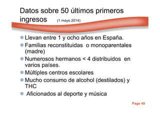 Page 49
Datos sobre 50 últimos primeros
ingresos (1 mayo 2014)
Llevan entre 1 y ocho años en España.
Familias reconstituidas o monoparentales
(madre)
Numerosos hermanos < 4 distribuidos en
varios países.
Múltiples centros escolares
Mucho consumo de alcohol (destilados) y
THC
Aficionados al deporte y música
 