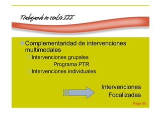 Page 55
Trabajando en centro IIITrabajando en centro IIITrabajando en centro IIITrabajando en centro III
Complementaridad de intervenciones
multimodales
Intervenciones grupales
Programa PTR
Intervenciones individuales
Intervenciones
Focalizadas
 