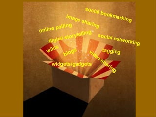 blogs wikis social networking video sharing image sharing digital storytelling online polling widgets/gadgets social bookmarking tagging 