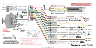 INP2 - «Выключение
дверей»
micro-USB
Кнопка
VALET
X4
X6X7
X2
X1
X3
Разъемы
1
2
3
4
5
6
7
8 16
15
14
13
12
11
10
9
Управление предпусковыми
подогревателями
Webasto
Thermotop Evo,
Eberspaecher
Hydronic/
Hidronic 2 Выход LIN1
X1
«Вход тахометра»
CH5 - «Открытие багажника»
CAN2-L/CH2
CAN1-H
CAN1-L
CH3 - «К указателям поворота»
CAN2-H/CH4
CH1
Масса
INP4 - «Вход датчика нейтрали/
ручника»
X2
CH11 - «Сирена
(-) 150mA
(-) 200mA
(-) 200mA
(-) 200mA
(-) 150mA
Датчик
температуры
двигателя
X5
IN5 - «Вход кнопки педали тормоза/
Вход контроля топлива»
X4 X5 X6 X7X3 X1
Подключается при реализации
функции бесключевого запуска
Белый2
IMMO-KEY2 OUT/INP7
IMMO-KEY1 IN
IMMO-KEY1 OUT/INP1
«Выключатель багажника»
Чёрный3
Зеленый1
Pandora model: DX-50s
LIN-Вход
LIN-Выход
Чёрный2
Белый1
Выносная
кнопка
Антенна868MHz
ЗАПРЕШЕНО производить подключение охранной системы:
• к электропроводке транспорта
с номинальным напряжением, отличным от 12В;
• имеющей повреждения выходных кабелей;
• при исключении или замене штатно
предусмотренных предохранителей.
ВНИМАНИЕ!
Не допускайте
экранирования
встроенной антенны.
ВНИМАНИЕ! Перед началом монтажа системы обязательно
обновите ПО базового блока и выберите в программе
ALARM STUDIO модель автомобиля (протоколы CAN-шин)
INP3 - «Выключатель
капота»
INP6 - «К замку зажигания»
+12B - «Питание»
(Uамп3..100В, min 8Гц)
Релейный
модуль
(схема
подключения
см. на
обороте)
3 6
52
1 4
Коричневый
(–)
Желтый
(–)
Оранжевый
(–)
Зеленый
(–)
Синий
(–)
Красный
(+)
200mA
200mA
200mA
200mA
200mA
+ 12V
CH10 - «Стартер»
CH8 - «Обходчик»
CH7 - «Блокировка NO»
«АССCH6 -
Педаль тормоза*»
*
«ЗажиганиеCH9 -
Кнопка Star-Stop*»
* При реализации автоматического запуска с кнопкой Start/Stop
www.Pandora-System.ru
 