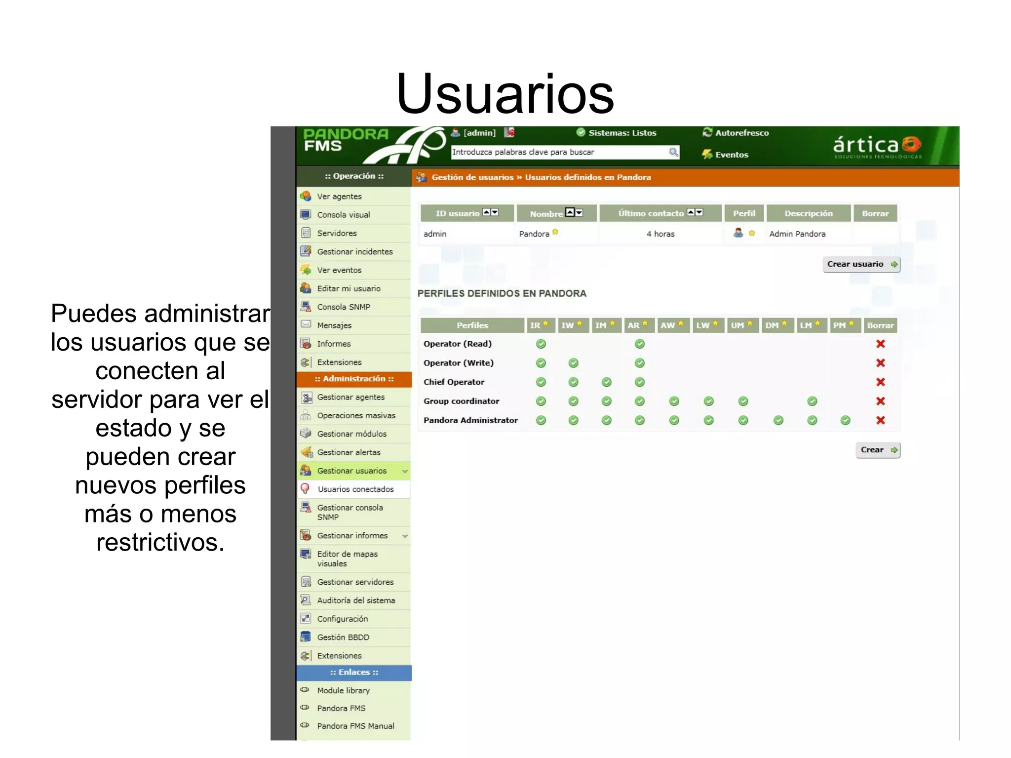 Usuarios


Puedes administrar
los usuarios que se
    conecten al
servidor para ver el
    estado y se
   pueden crear
  nuevos perfiles
   más o menos
    restrictivos.
 