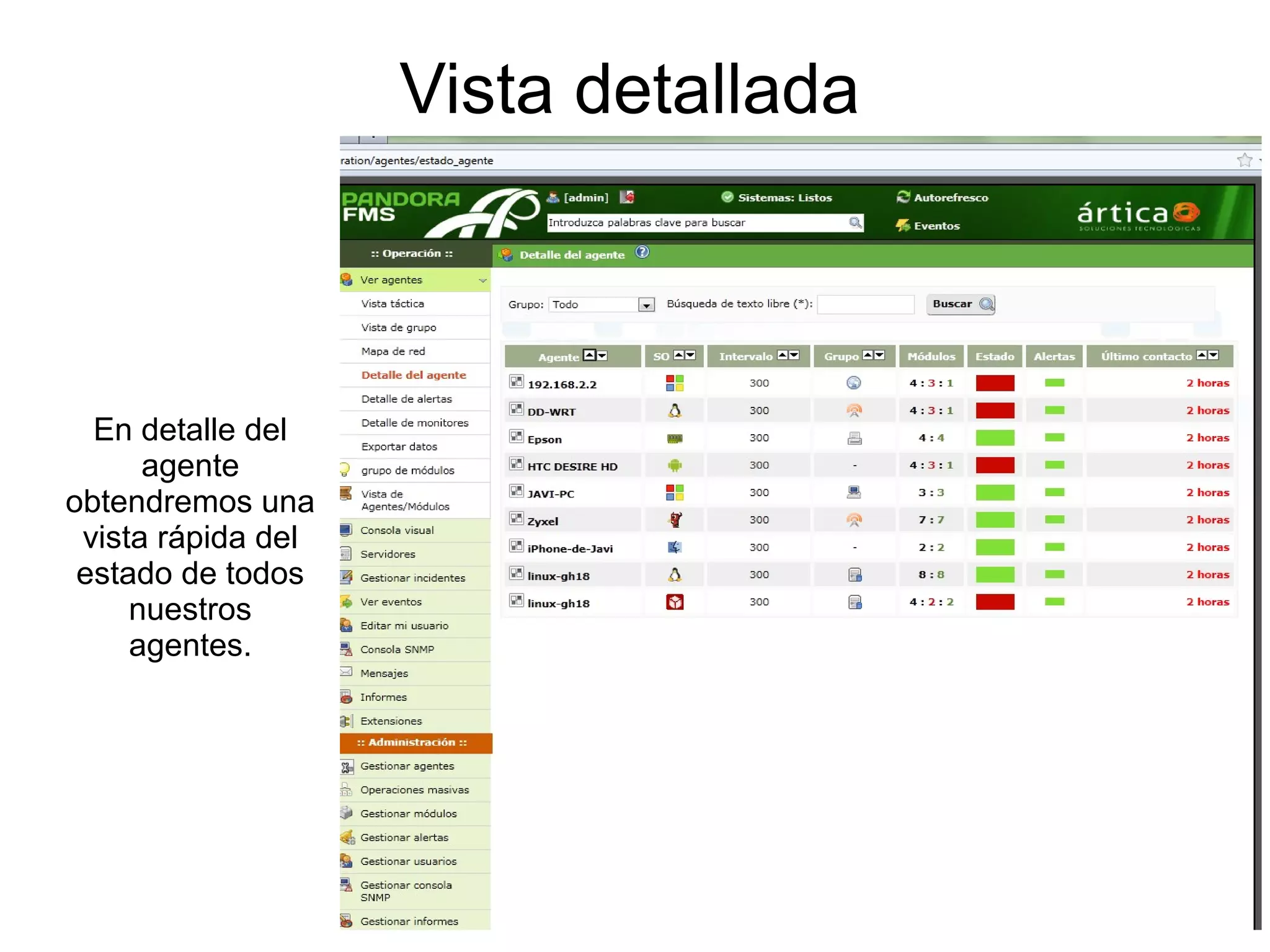 Vista detallada



  En detalle del
      agente
obtendremos una
 vista rápida del
 estado de todos
     nuestros
     agentes.
 