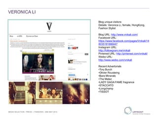 VERONICA LI
MEDIA SELECTION - PRESS | PANDORA | 29th MAY 2013
1
2
3
Blog unique visitors:
Details: Veronica Li, female, HongKong,
Fashion Stylist
Blog URL: http://www.vnikali.com/
Facebook URL:
https://www.facebook.com/pages/Vnikali/14
8035181886447
Instagram URL:
http://followgram.me/vnikali
Pinterest URL: http://pinterest.com/vnikali/
Weibo URL:
http://www.weibo.com/vnikali
Recent Advertorials
•Tory Burch
•Olivier Rousteing
•Bare Minerals
•The Melez
•LADY GAGA FAME fragrance
•STACCATO
•Longchamp
•TISSOT
 