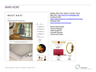 MARI NORI
MEDIA SELECTION - PRESS | PANDORA | 29th MAY 2013
1
2
3
Details: Mari, Nori, Sisters, Female, Tokyo
Blog URL: http://mari-to-nori.blogspot.sg/
Facebook URL:
https://www.facebook.com/MariNorifromTokyo
Pinterest URL:
http://pinterest.com/marixoxo/
Recent Advertorials
•Suzuki Takayuki
•Kate Spade NY
•Carnate Demote
•Chinti and Parker
 