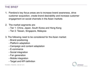 1. Pandora’s key focus areas are to increase brand awareness, drive
customer acquisition, create brand desirability and increase customer
engagement on social channels in the Asian markets
2. The market segments are:
- Tier 1: China, Japan, South Korea and Hong Kong
- Tier 2: Taiwan, Singapore, Malaysia
3. The following need to be considered for the Asian market:
- Brand positioning
- Platform adaptation
- Campaign and content adaptation
- E-commerce
- Social integration
- Fan generation
- Mobile integration
- Target and KPI definition
THE BRIEF
THE BRIEF | PANDORA | 29th MAY 2013
 