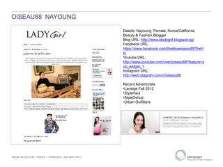 OISEAU88 NAYOUNG
MEDIA SELECTION - PRESS | PANDORA | 29th MAY 2013
1
2
3
Details: Nayoung, Female, Korea/California,
Beauty & Fashion Blogger
Blog URL: http://www.aladygirl.blogspot.sg/
Facebook URL:
https://www.facebook.com/theblueoiseau88?fref=
ts
Youtube URL:
http://www.youtube.com/user/oiseau88?feature=s
ub_widget_1
Instagram URL:
http://web.stagram.com/n/oiseau88
Recent Advertorials
•Laneige Fall 2012
•StyleHaul
•StyleOshop
•Urban Outfitters
 