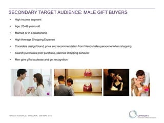 SECONDARY TARGET AUDIENCE: MALE GIFT BUYERS
TARGET AUDIENCE | PANDORA | 29th MAY 2013
• High income segment
• Age: 25-49 years old
• Married or in a relationship
• High Average Shopping Expense
• Considers design/brand, price and recommendation from friends/sales personnel when shopping
• Search purchases prior purchase, planned shopping behavior
• Men give gifts to please and get recognition
 