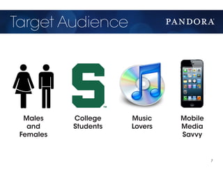 Target Audience




  Males    College    Music    Mobile
   and     Students   Lovers   Media
 Females                       Savvy


                                        7
 