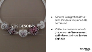 VOS BESOINS
● Assurer la migration des 2
sites Pandora vers une URL
commune
● Veiller à conserver le trafic
grâce à un référencement
optimisé et à divers leviers
digitaux
 