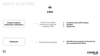 “CRM
42
User ID via cookies
Enrichi par la base de
données CRM
● Construire des profils uniques
● Qualifier
● Segmenter
Collecte de localisation
● Identifier des prospects en fonction de
leur comportement offline
DRIVE TO STORE
Google Analytics
Explorateur utilisateurs
Singlespot
 