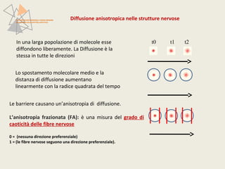 Diffusione anisotropica nelle strutture nervose 
t0 t1 t2 
PATTERN NEUROFUNZIONALI E BRAIN IMAGING 
NEI DISTURBI DELLO SPETTRO AFFETTIVO 
In una larga popolazione di molecole esse 
diffondono liberamente. La Diffusione è la 
stessa in tutte le direzioni 
Lo spostamento molecolare medio e la 
distanza di diffusione aumentano 
linearmente con la radice quadrata del tempo 
Le barriere causano un’anisotropia di diffusione. 
L’anisotropia frazionata (FA): è una misura del grado di 
caoticità delle fibre nervose 
0 = (nessuna direzione preferenziale) 
1 = (le fibre nervose seguono una direzione preferenziale). 
 