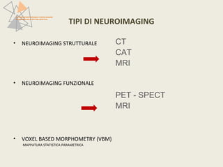 TIPI DI NEUROIMAGING 
• NEUROIMAGING STRUTTURALE 
• NEUROIMAGING FUNZIONALE 
• VOXEL BASED MORPHOMETRY (VBM) 
MAPPATURA STATISTICA PARAMETRICA 
CT 
CAT 
MRI 
PET - SPECT 
MRI 
PATTERN NEUROFUNZIONALI E BRAIN IMAGING 
NEI DISTURBI DELLO SPETTRO AFFETTIVO 
 