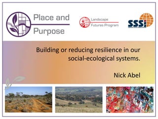 Building or reducing resilience in our
            social-ecological systems.

                            Nick Abel
 