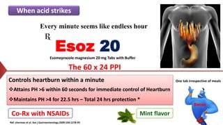 When acid strikes
Every minute seems like endless hour
Esoz 20
Esomeprazole magnesium 20 mg Tabs with Buffer
The 60 x 24 PPI
Controls heartburn within a minute
Attains PH >6 within 60 seconds for immediate control of Heartburn
Maintains PH >4 for 22.5 hrs – Total 24 hrs protection *
Co-Rx with NSAIDs
Escoz
One tab irrespective of meals
Mint flavor
Ref: sherman et al. Am j Gastroenterology 2009;104:1278-95
 