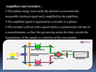 Amplifiers and recorders :
The radiant energy received by the detector is converted into
measurable electrical signal and is amplified by the amplifiers.
The amplified signal is registered by a recorder or a plotter.
The recorder is driven with a speed which is synchronized with that of
a monochromator, so that, the pen moving across the chart, records the
transmittance of the sample as a function of the wavenumber.
VIGNAN PHARMACY COLLEGE, VADLAMUDI 33
 