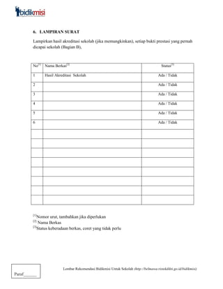 Lembar Rekomendasi Bidikmisi Untuk Sekolah (http://belmawa.ristekdikti.go.id/bidikmisi)
Paraf______
6. LAMPIRAN SURAT
Lampirkan hasil akreditasi sekolah (jika memungkinkan), setiap bukti prestasi yang pernah
dicapai sekolah (Bagian B),
No[1]
Nama Berkas[2]
Status[3]
1 Hasil Akreditasi Sekolah Ada / Tidak
2 Ada / Tidak
3 Ada / Tidak
4 Ada / Tidak
5 Ada / Tidak
6 Ada / Tidak
[1]
Nomor urut, tambahkan jika diperlukan
[2]
Nama Berkas
[3]
Status keberadaan berkas, coret yang tidak perlu
 
